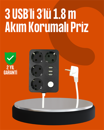 Akım Korumalı 3 USB Portlu 4’lü Priz 4.1A Hızlı Şarj