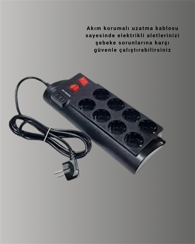 Akım Korumalı 8’li Priz 3 USB’li Uzatma Kablosu Isıya Dayanıklı 2 Metre