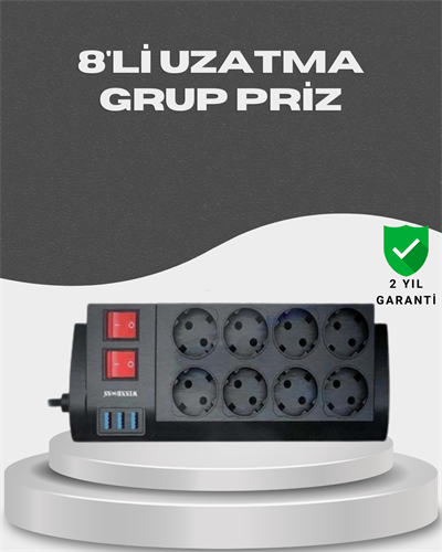 Akım Korumalı 8’li Priz 3 USB’li Uzatma Kablosu Isıya Dayanıklı 2 Metre