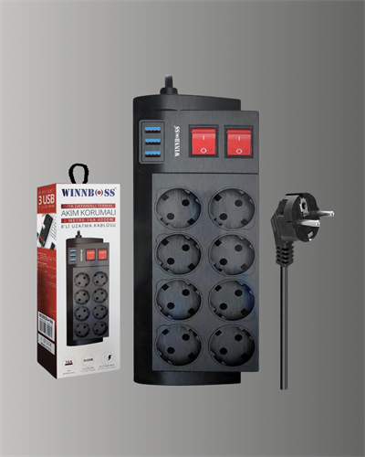 Akım Korumalı 8’li Priz 3 USB’li Uzatma Kablosu Isıya Dayanıklı 2 Metre