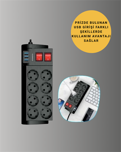 Akım Korumalı 8’li Priz 3 USB’li Uzatma Kablosu Isıya Dayanıklı 2 Metre