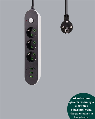Akım Korumalı Anahtarlı USB Girişli Üçlü Priz