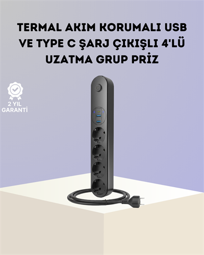 Akım Korumalı Çoklu Priz 4’lü 2 USB 1 Type-C 2500W Güçlü Tasarım