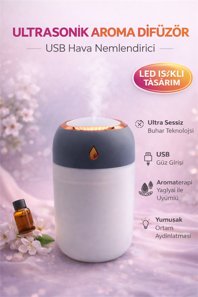 Alaska Ultrasonik Aroma Difüzör USB Hava Nemlendirici Led Işıklı Buhar Makinesi