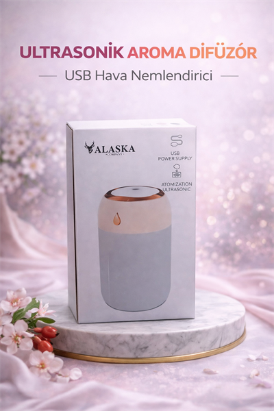 Alaska Ultrasonik Aroma Difüzör USB Hava Nemlendirici Led Işıklı Buhar Makinesi