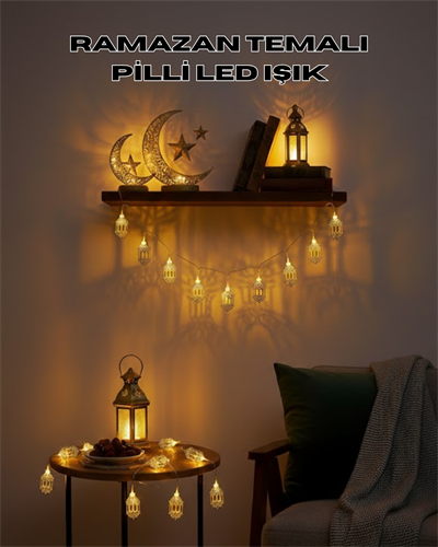 Altın Fener Detaylı Pilli Ramazan LED Işık Ev Dekorasyonu