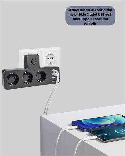 Anahtarlı Çoklu Priz 3 USB 1 Type-C Hızlı Şarj Destekli
