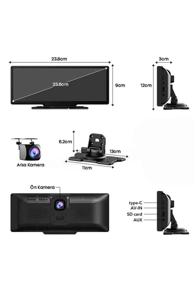 Android ve İOS Uyumlu Ön Arka Çift Kameralı Araç Ekranı Dokunmatik CarPlay