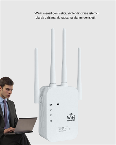 Antenli WiFi Repeater 300m2 Kapsama Alanı WPA3 Güvenlikli