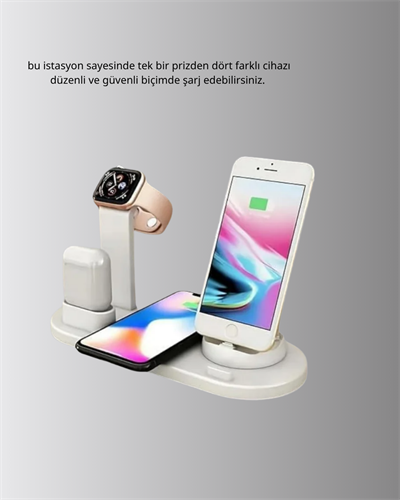 Apple Uyumlu Kablosuz Şarj İstasyonu 4 Cihaz Destekli ve Hızlı Şarjlı