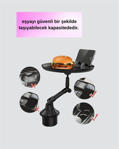 Araç İçi 360° Ayarlanabilir Bardaklık Tepsisi Geniş Yüzeyli ve Telefon Standlı