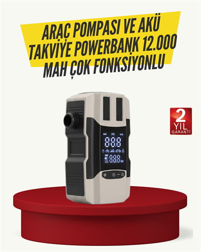 Araç Lastik Şişirme Pompası ve Akü Takviye Powerbank Bir Arada