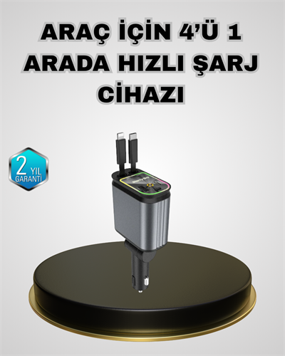 Araç Şarj Adaptörü 66W PD QC Hızlı Şarjlı ve Çekilebilir Kablolu