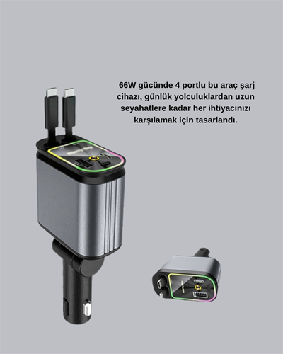 Araç Şarj Adaptörü 66W PD QC Hızlı Şarjlı ve Çekilebilir Kablolu