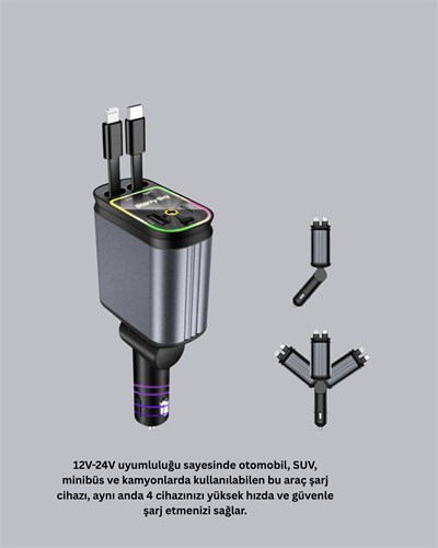 Araç Şarj Cihazı 66W 4 Portlu Hızlı Şarj ve LED Işıklı