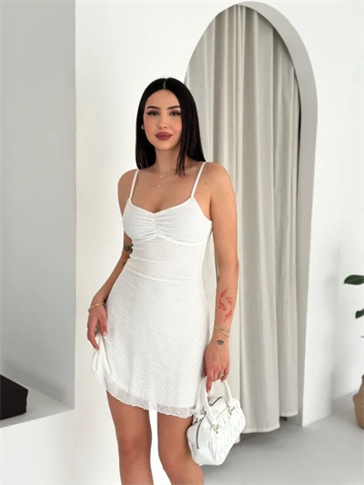 Askılı Mini Elbise Drapeli Göğüs Detay Likralı Yazlık Fit - Beyaz
