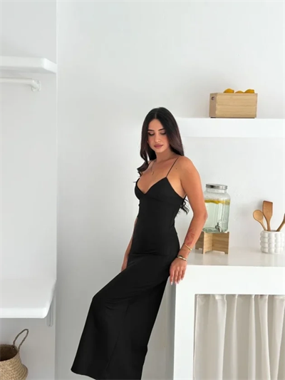 Askılı Uzun Elbise V Yaka Şık Gece Elbisesi Vücuda Oturan - Siyah