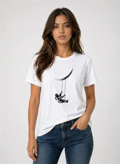 Astronot Ay Temalı Tişört Kısa Kol Yazlık Bisiklet Yaka T-Shirt - Beyaz