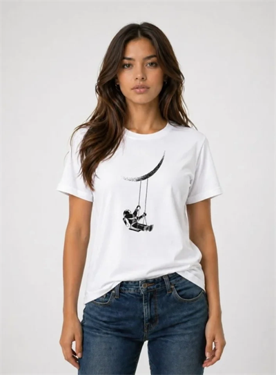 Astronot Ay Temalı Tişört Kısa Kol Yazlık Bisiklet Yaka T-Shirt - Beyaz