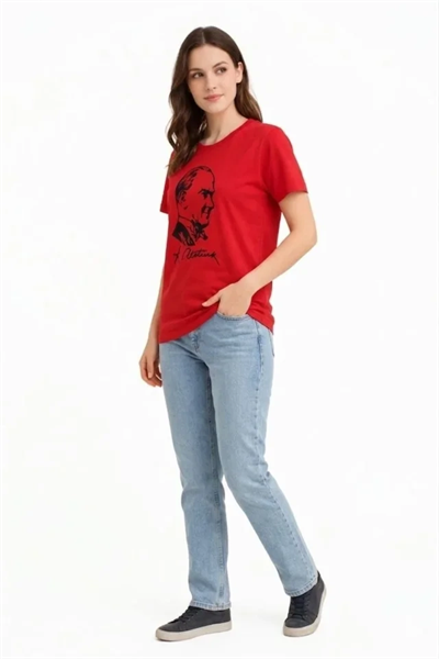 Atatürk Baskılı Tişört Kısa Kollu Bisiklet Yaka  T-Shirt - Kırmızı