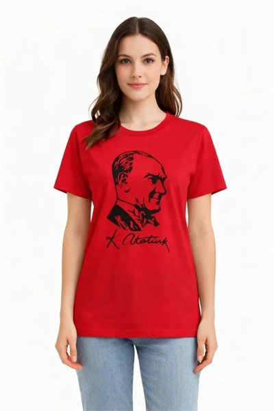 Atatürk Baskılı Tişört Kısa Kollu Bisiklet Yaka  T-Shirt - Kırmızı