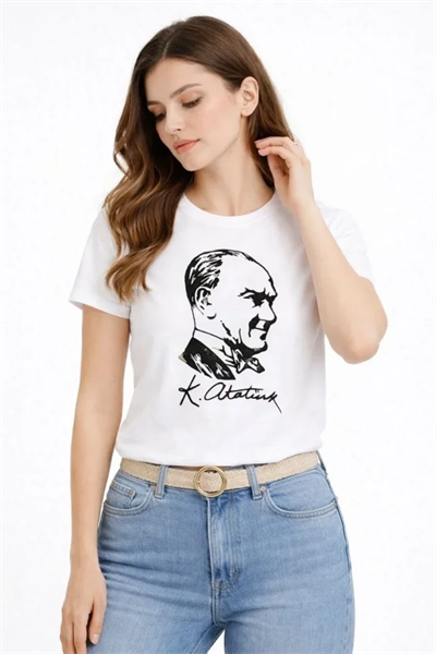 Atatürk Baskılı Tişört Kısa Kollu Bisiklet Yaka T-Shirt - Beyaz