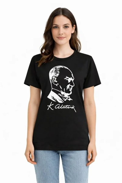 Atatürk Baskılı Tişört Kısa Kollu Bisiklet Yaka T-Shirt - Siyah