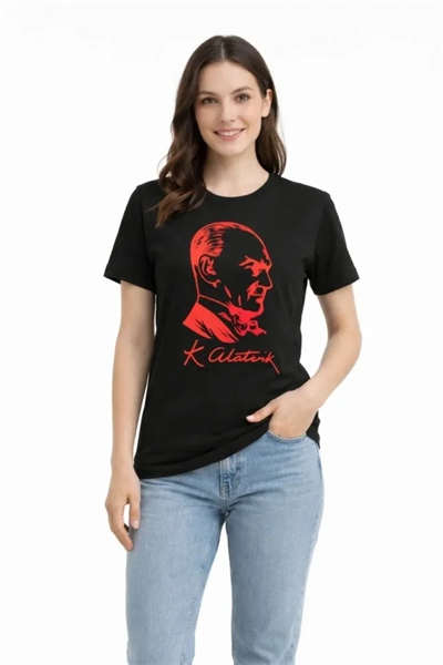 Atatürk Baskılı Tişört Kısa Kollu Bisiklet Yaka  T-Shirt - Siyah