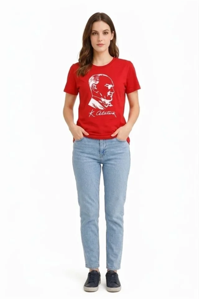 Atatürk Baskılı Tişört Kısa Kollu Bisiklet Yaka  T-Shirt - Kırmızı