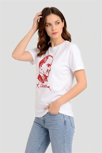 Atatürk Baskılı Tişört Kısa Kollu Bisiklet Yaka T-Shirt - Beyaz