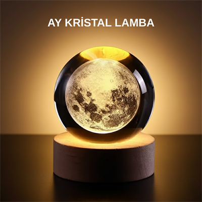 Ay Figürlü 3D Kristal Küre LED Gece Lambası Ahşap Standlı Dekoratif Lamba