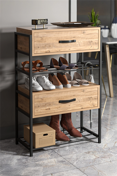 Ayakkabılık Ahşap 2 Kapaklı Metal Raflı 4 Katlı Çok Amaçlı Atlantik Çam