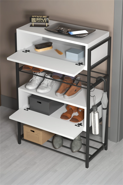 Ayakkabılık Ahşap 2 Kapaklı Metal Raflı 4 Katlı Çok Amaçlı Beyaz