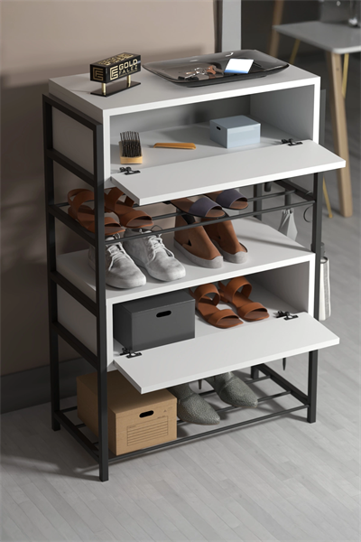 Ayakkabılık Ahşap 2 Kapaklı Metal Raflı 4 Katlı Çok Amaçlı Beyaz