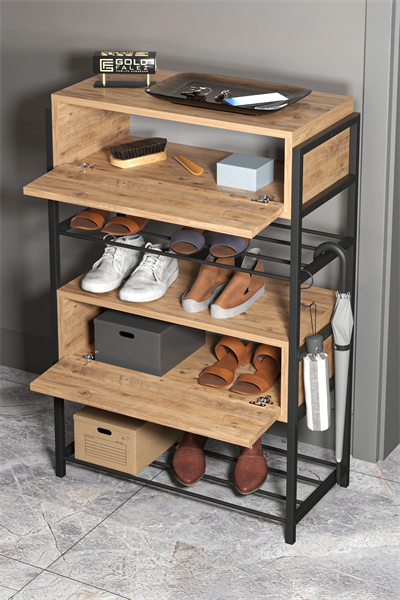 Ayakkabılık Ahşap 2 Kapaklı Metal Raflı 4 Katlı Çok Amaçlı Atlantik Çam