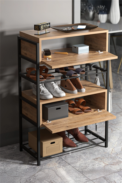 Ayakkabılık Ahşap 2 Kapaklı Metal Raflı 4 Katlı Çok Amaçlı Atlantik Çam