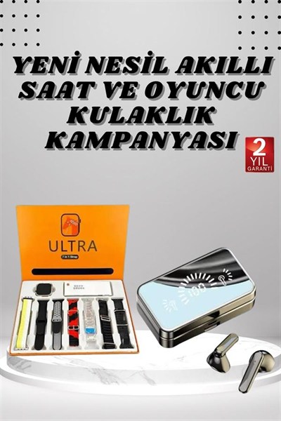 Aynalı Bluetooth Kulaklık ve 7 Kordonlu Akıllı Saat Dijital Göstergeli Uzun Pil Ömrü