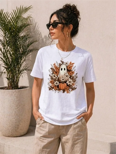 Balkabağı Hayalet Baskılı Tişört Kısa Kol Yazlık T-Shirt - Beyaz