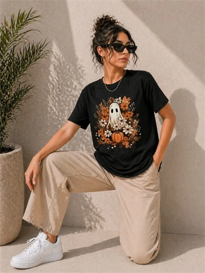 Balkabağı Hayalet Baskılı Tişört Kısa Kol Yazlık T-Shirt - Siyah