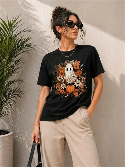 Balkabağı Hayalet Baskılı Tişört Kısa Kol Yazlık T-Shirt - Siyah