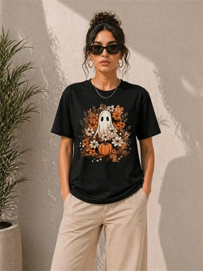 Balkabağı Hayalet Baskılı Tişört Kısa Kol Yazlık T-Shirt - Siyah