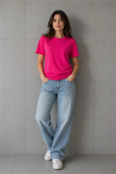 Basic Pamuklu Tişört Bisiklet Yaka Düz Renk Relaxed Fit T-Shirt - Fuşya