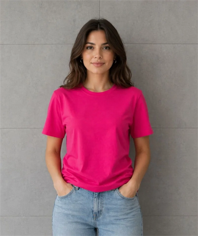 Basic Pamuklu Tişört Bisiklet Yaka Düz Renk Relaxed Fit T-Shirt - Fuşya