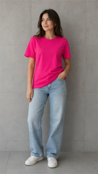 Basic Pamuklu Tişört Bisiklet Yaka Düz Renk Relaxed Fit T-Shirt - Fuşya