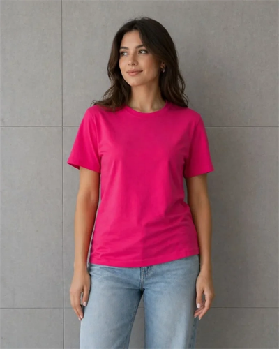 Basic Pamuklu Tişört Bisiklet Yaka Düz Renk Relaxed Fit T-Shirt - Fuşya