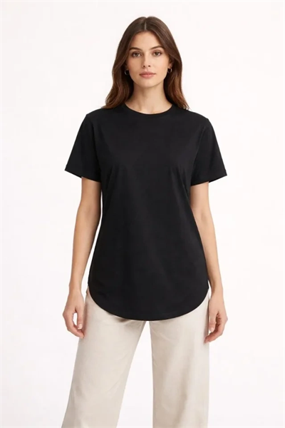 Basic T-Shirt Kısa Kol Bisiklet Yaka Oval Kesim Tişört - Siyah