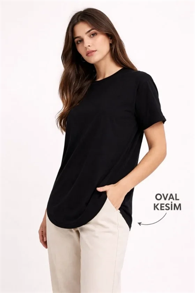 Basic T-Shirt Kısa Kol Bisiklet Yaka Oval Kesim Tişört - Siyah