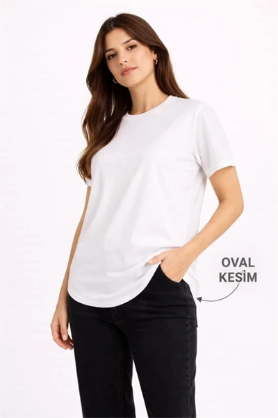 Basic T-Shirt Kısa Kol Bisiklet Yaka Oval Kesim Tişört - Beyaz