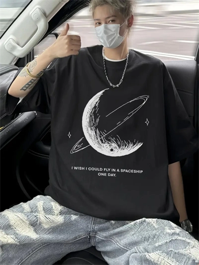 Baskılı Oversize Bisiklet Yaka T-shirt - Siyah