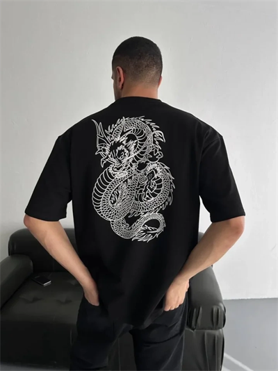 Baskılı Oversize Bisiklet Yaka T-shirt - Siyah